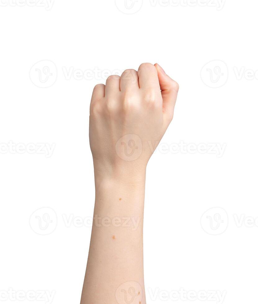 Clenched fist up, hand gesture isolated on white background photo