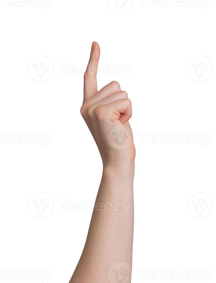 Forefinger showing, pointing up, hand gesture isolated on white photo