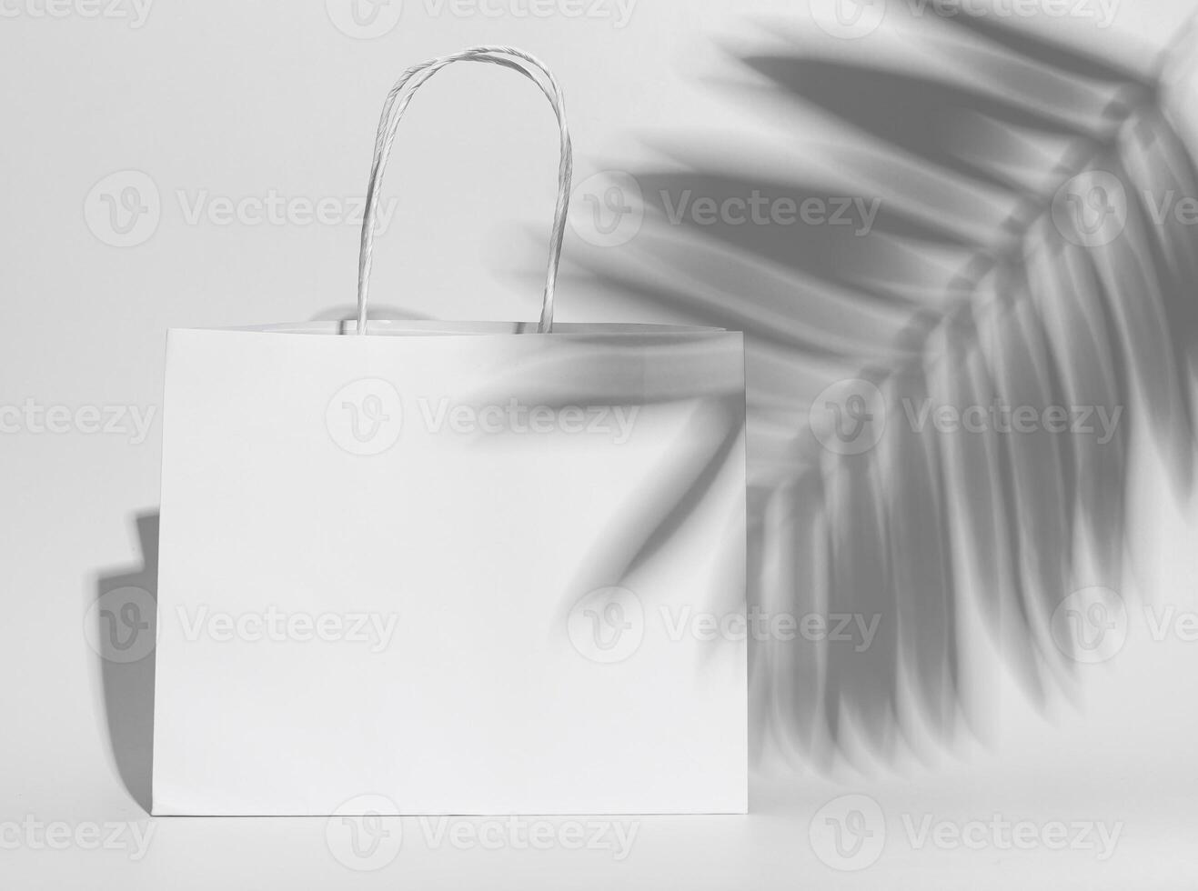 White paper shopping bag, packet with handles, leaf shadow photo