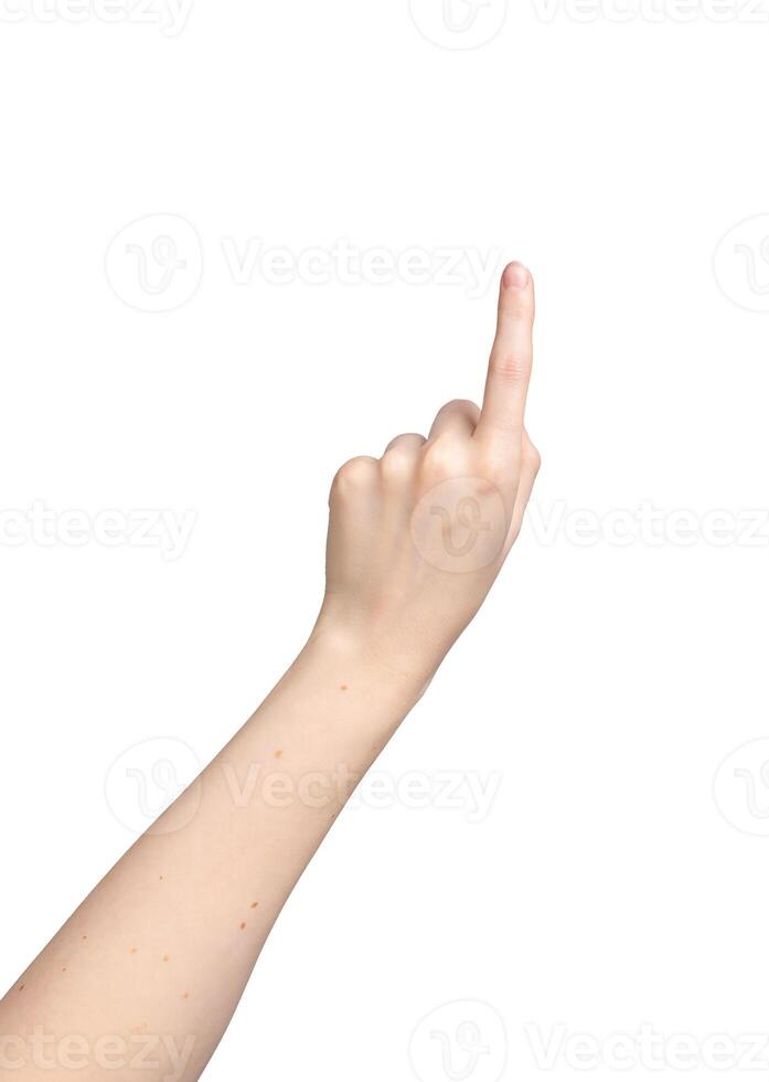 Left hand clicking, index finger touching, gesturing, pointing on something, isolated on white photo