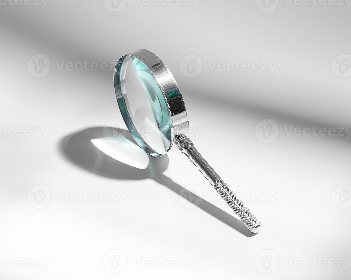 Glass magnifier lens, search background. Zoom in on concept science object. Education, crime looking photo