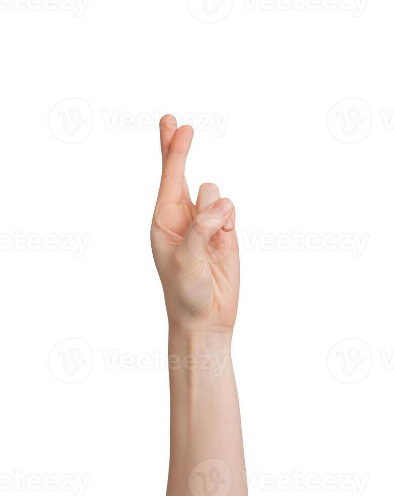 Crossing fingers for good luck, hand gesture isolated photo