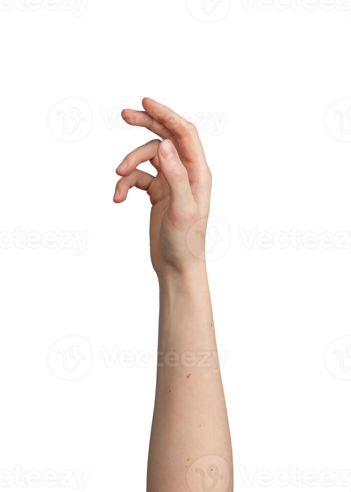 Female hand showing gesture, white palm raised upward. Concept of reaching up, touch, signal. photo