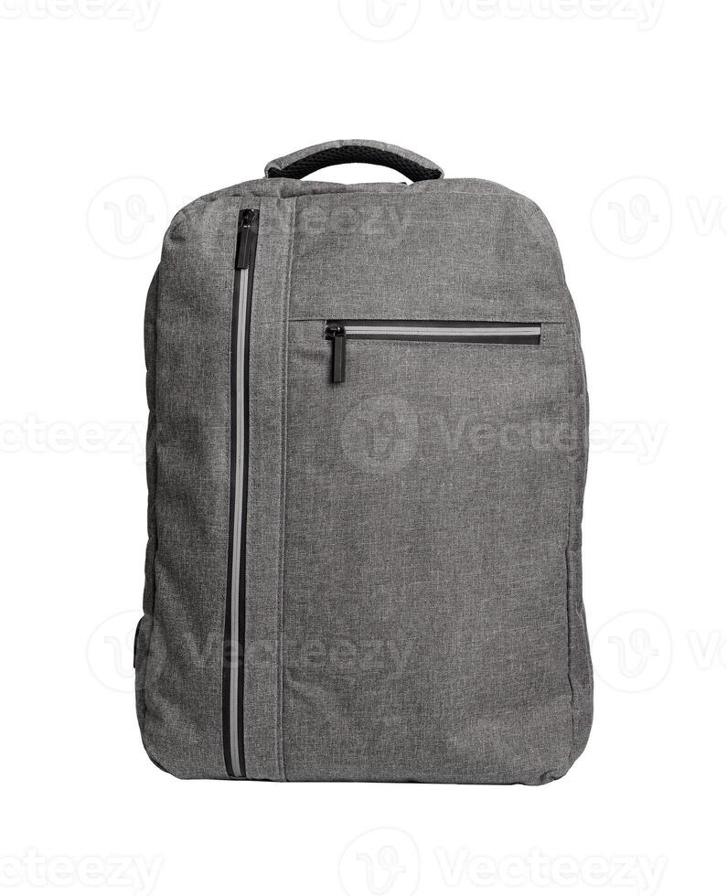 Gray backpack, schoolbag front view isolated on white background photo