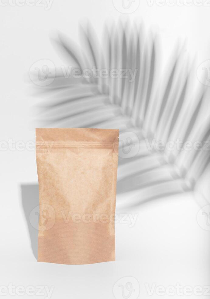 Ziplock pack, kraft paper zip bag mockup. Brown tea pouch, product package photo