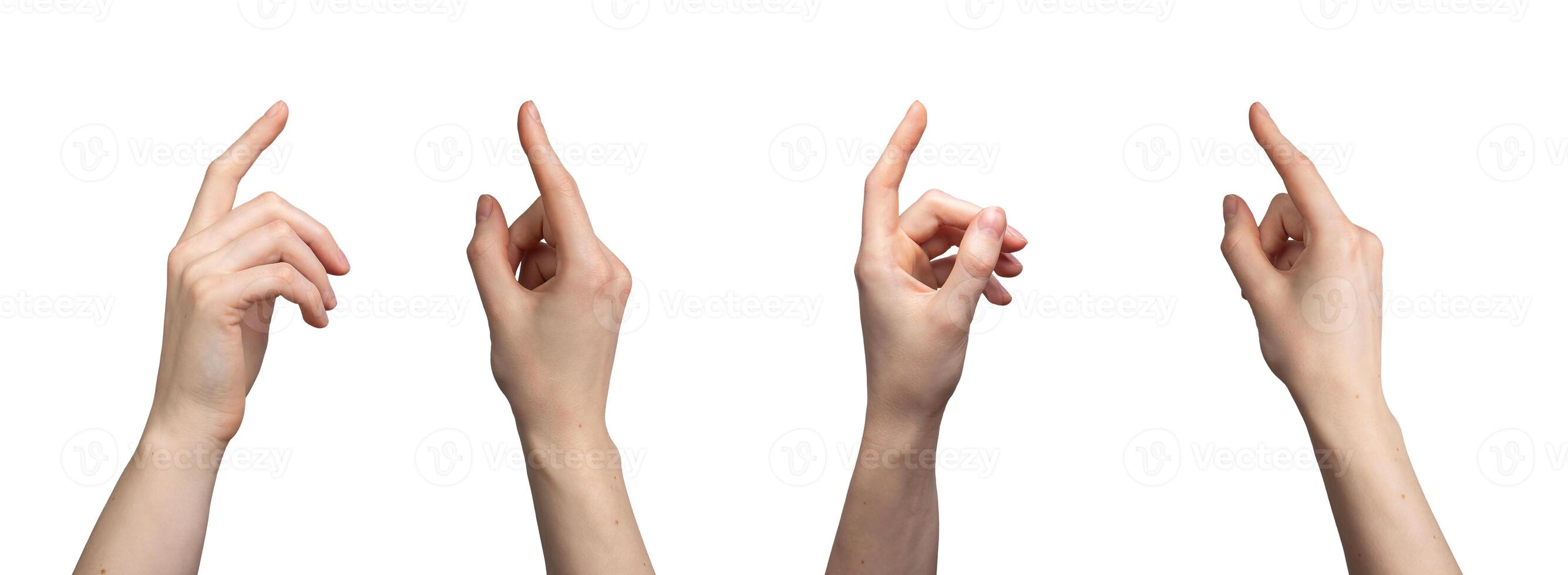 Fingers clicking, touching, pointing gestures, signs set isolated on white background photo