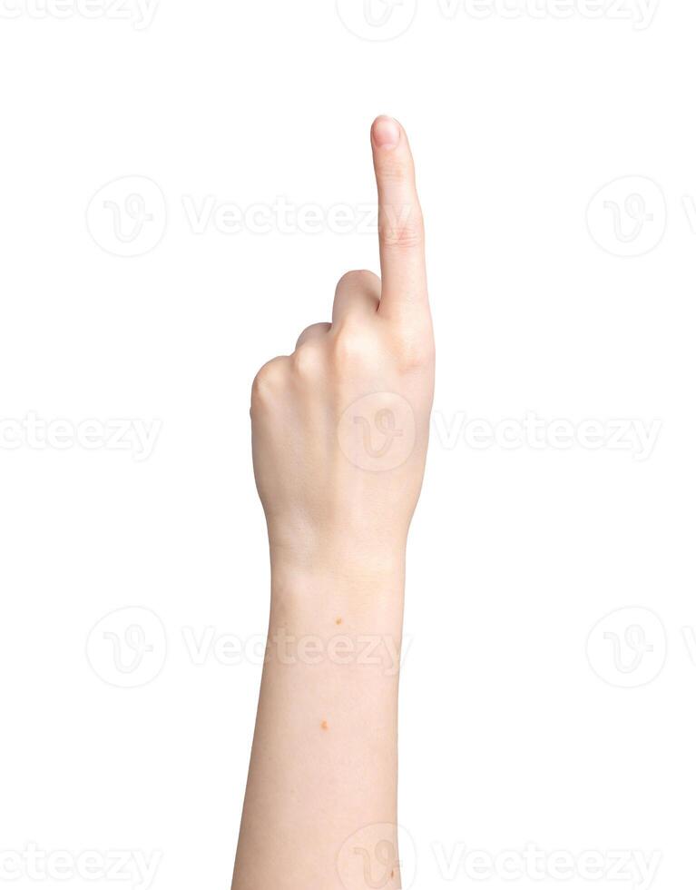 Index finger pointing up, showing something, hand raised, indicating and clicking gesture isolated photo