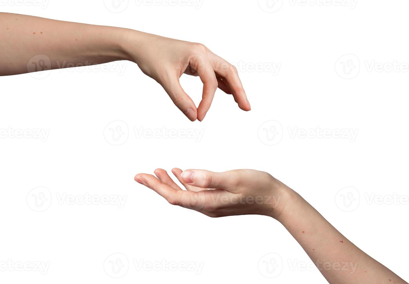 Woman pinching salt, isolated hand gesture. Female thumb, forefinger sprinkle spice. White photo