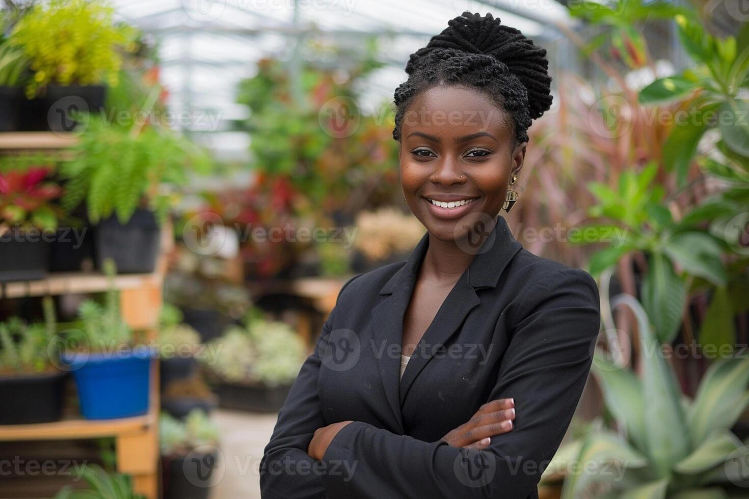 Black Business Woman in a Garden Center Surrounded by Greenery photo