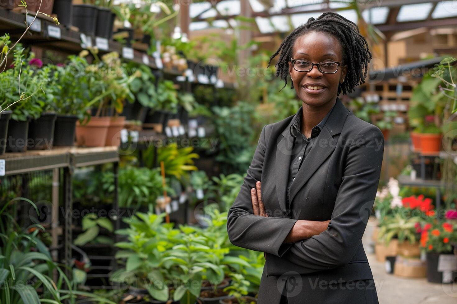 Black Business Woman in a Garden Center Surrounded by Greenery photo