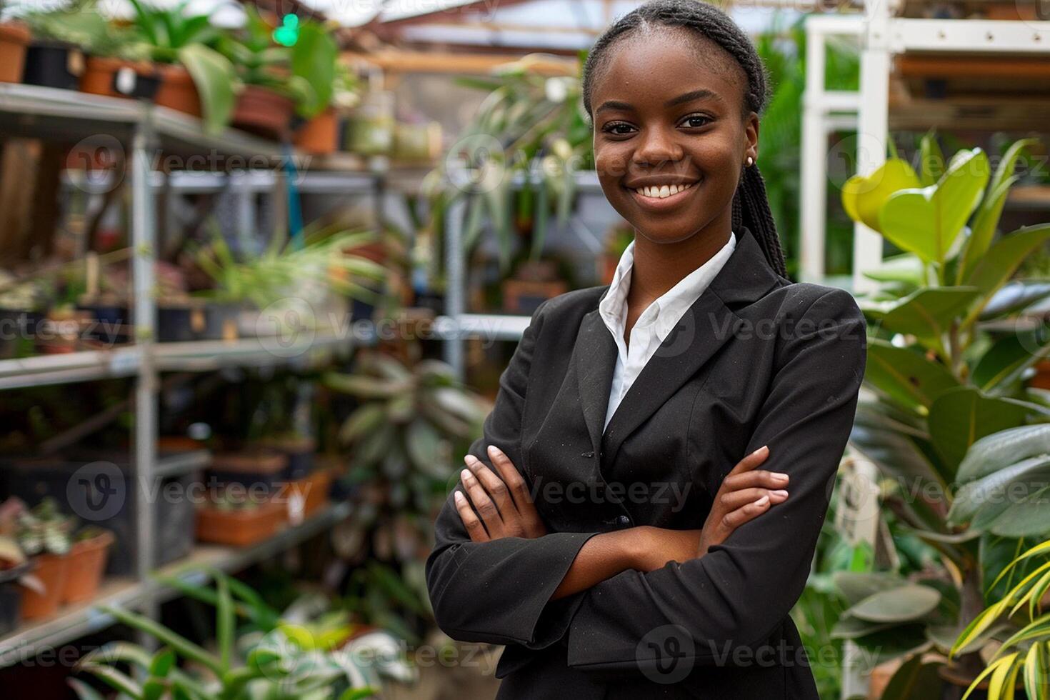 Black Business Woman in a Garden Center Surrounded by Greenery photo