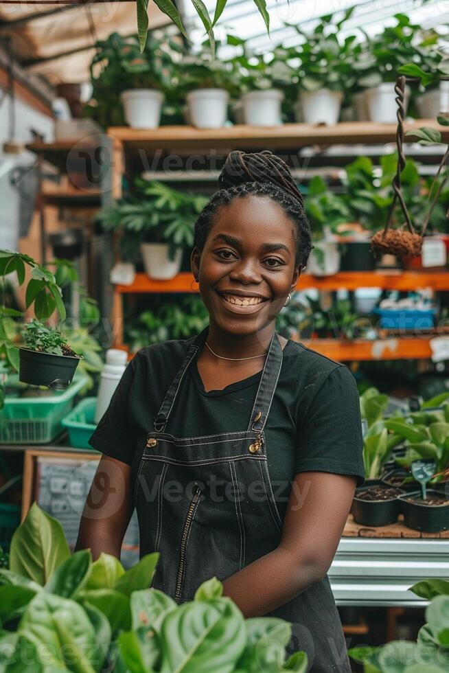 Black Business Woman in a Garden Center Surrounded by Greenery photo