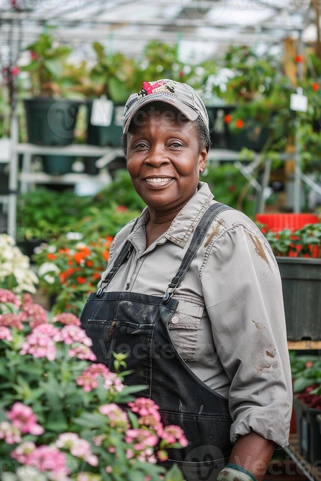 Black Business Woman in a Garden Center Surrounded by Greenery photo