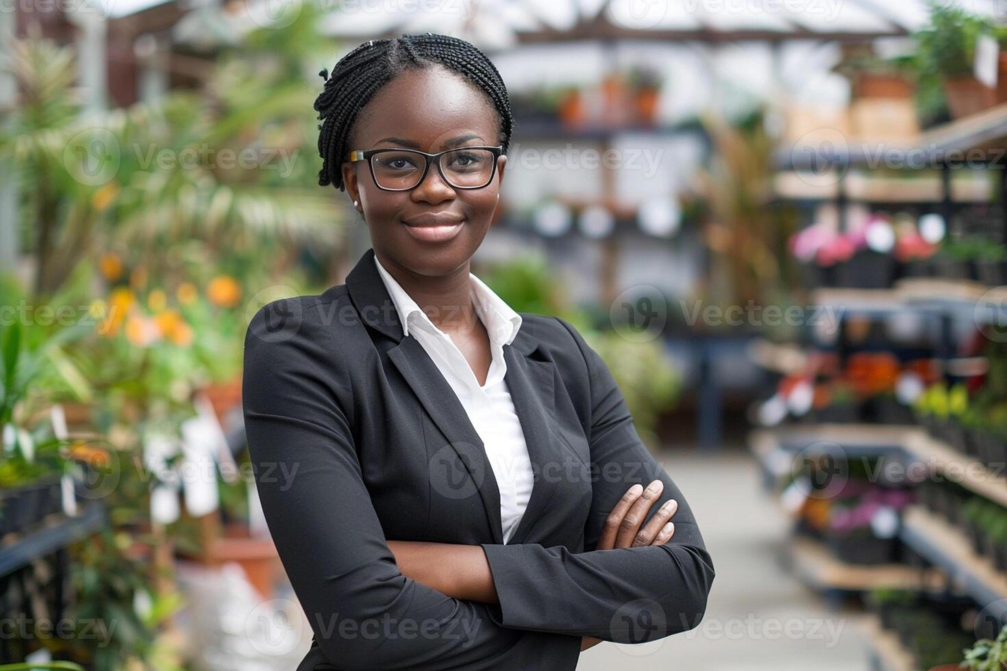 Black Business Woman in a Garden Center Surrounded by Greenery photo