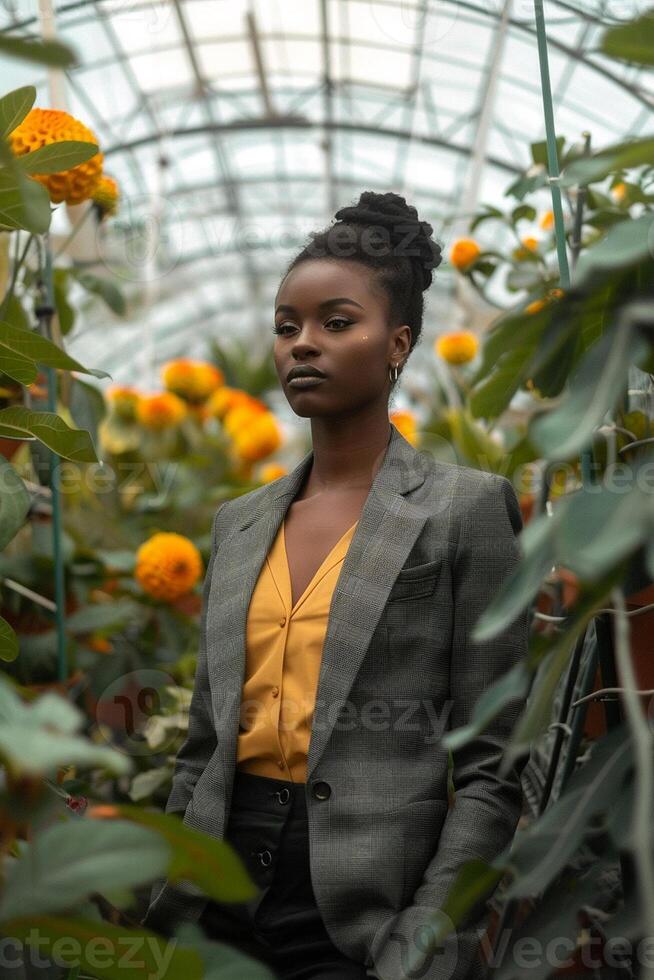 Black Business Woman in a Garden Center Surrounded by Greenery photo