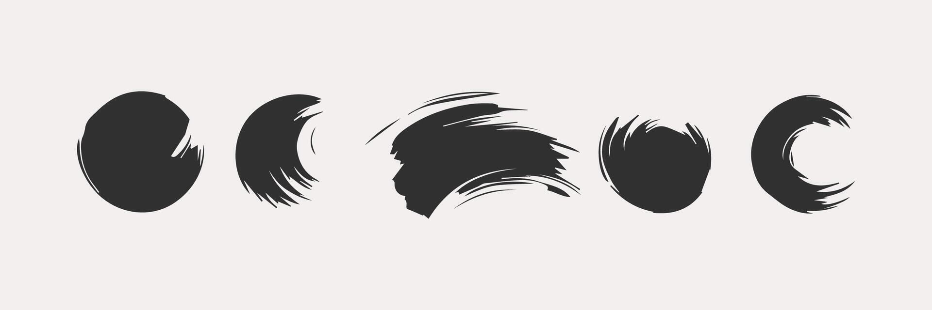 Black round paint brush stroke, ink splatter and artistic design elements. Dirty watercolor texture, box, frame, grunge background, splash or creative shape for social media. Abstract drawing. vector