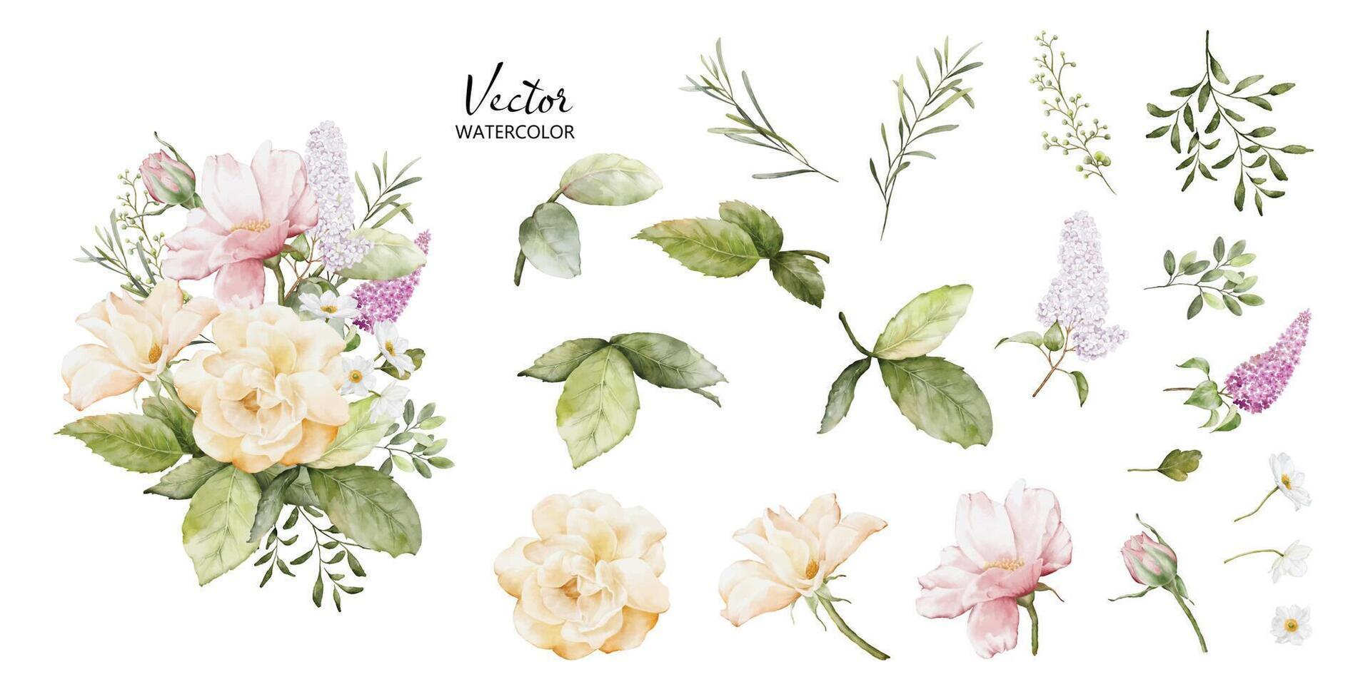 Set of watercolor bouquets with rose elements vector