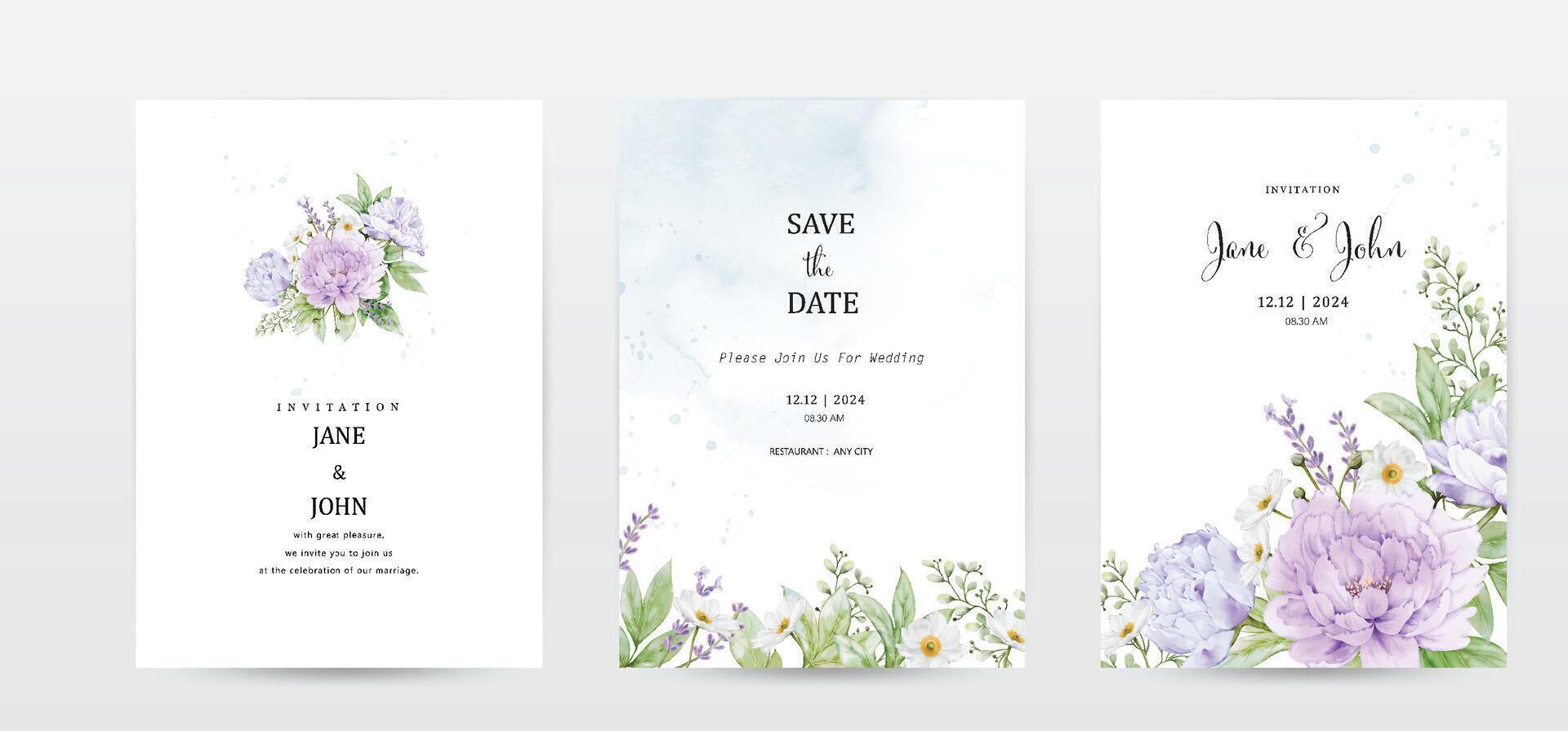 conjunto de invitación modelo tarjetas con flores y hojas acuarela vector