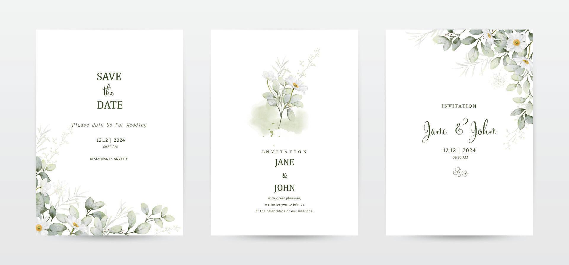 Set of invitation template cards with botanical and watercolor stains vector