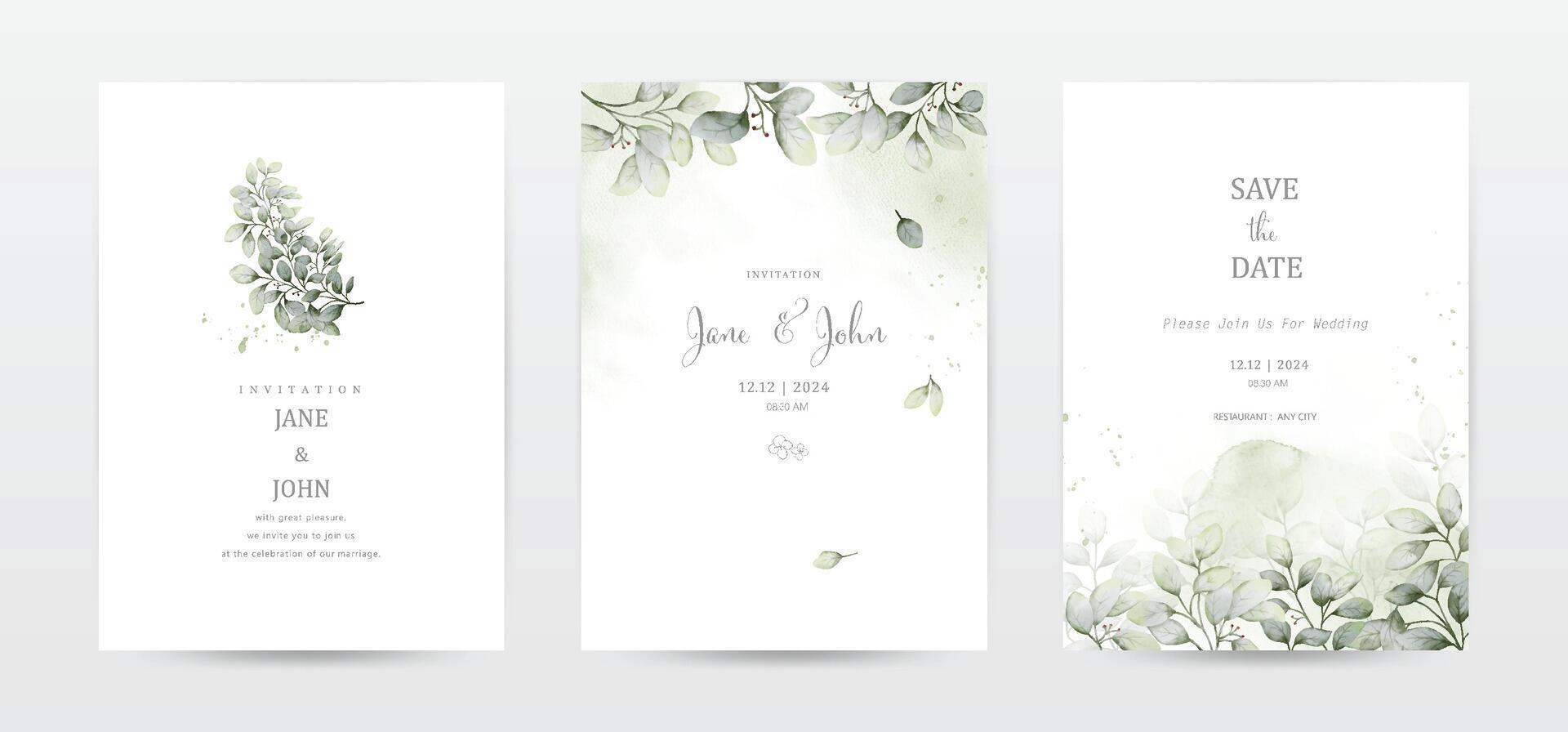 Set of invitation template cards with botanical and watercolor stains vector