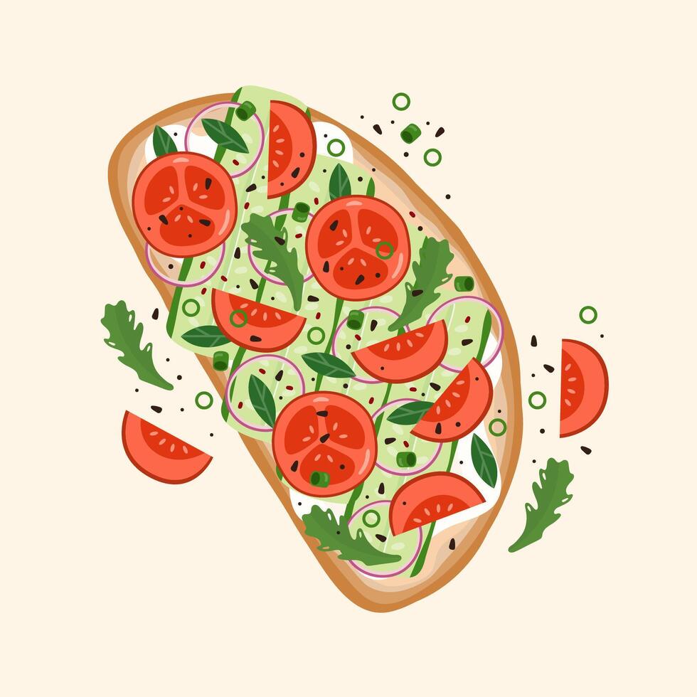 Summer bruschetta with cucumbers and tomatoes vector