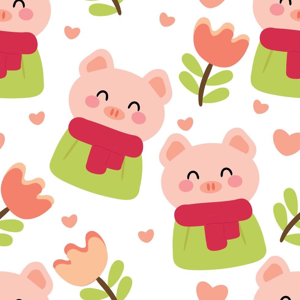 Seamless pattern with cute cartoon pig and flowers for fabric print, textile, gift wrapping paper. children's colorful vector