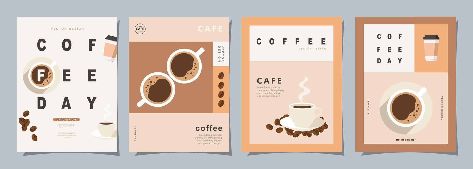 Set of minimal background templates with coffee beans and coffee mug for invitations, cards, banner, brochure, poster, cover, cafe menu or another design. vector