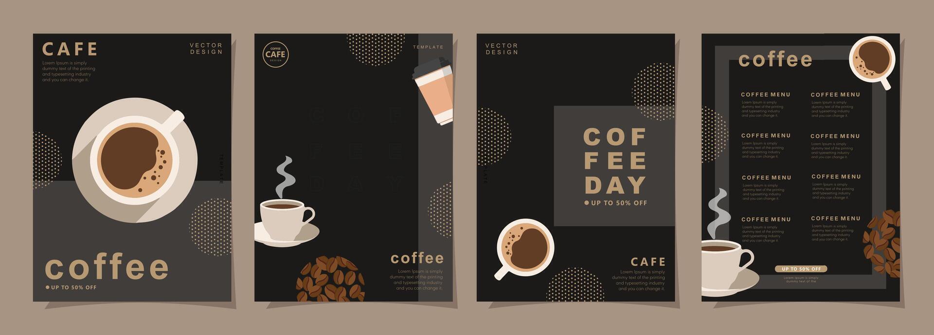 Set of minimal background templates with coffee beans and coffee mug for invitations, cards, banner, brochure, poster, cover, cafe menu or another design. vector