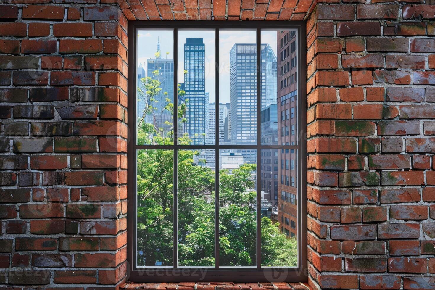 Modern window with skyscraper view in brick wall photo