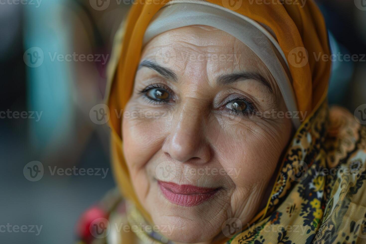 contento maduro mujer en hijab con alegre sonrisa retrato. foto