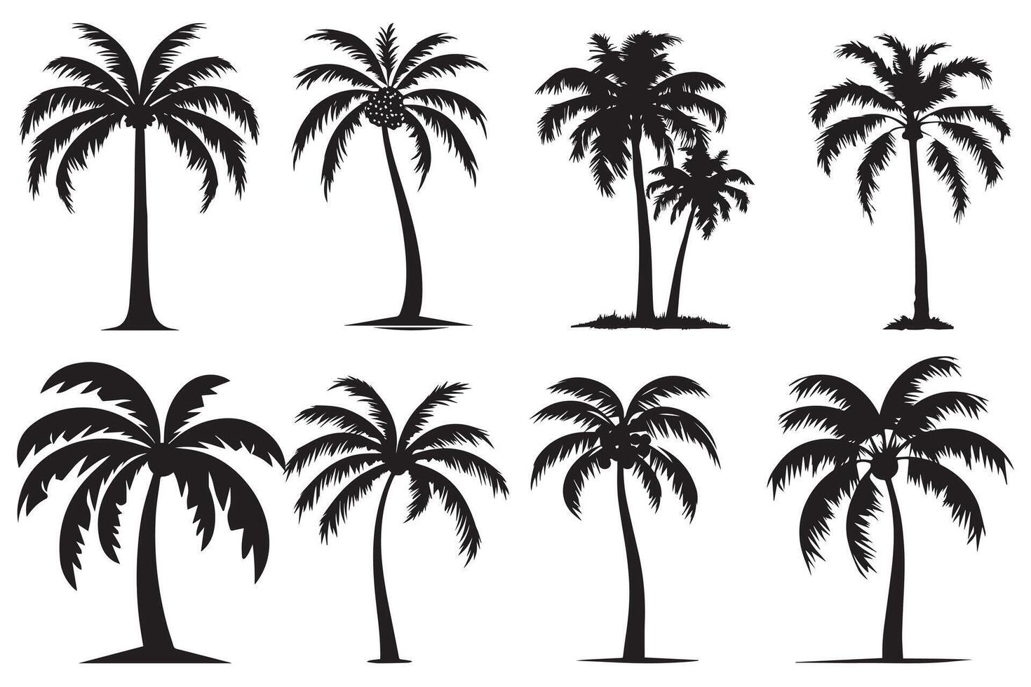 This set of detailed palm and coconut tree silhouette illustrations vector