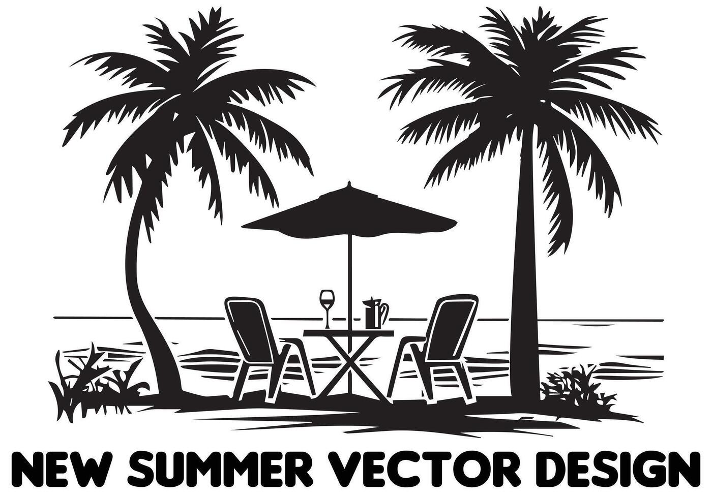 silhouette summer design palm tree Relaxing man front table and umbrella man beach free design vector