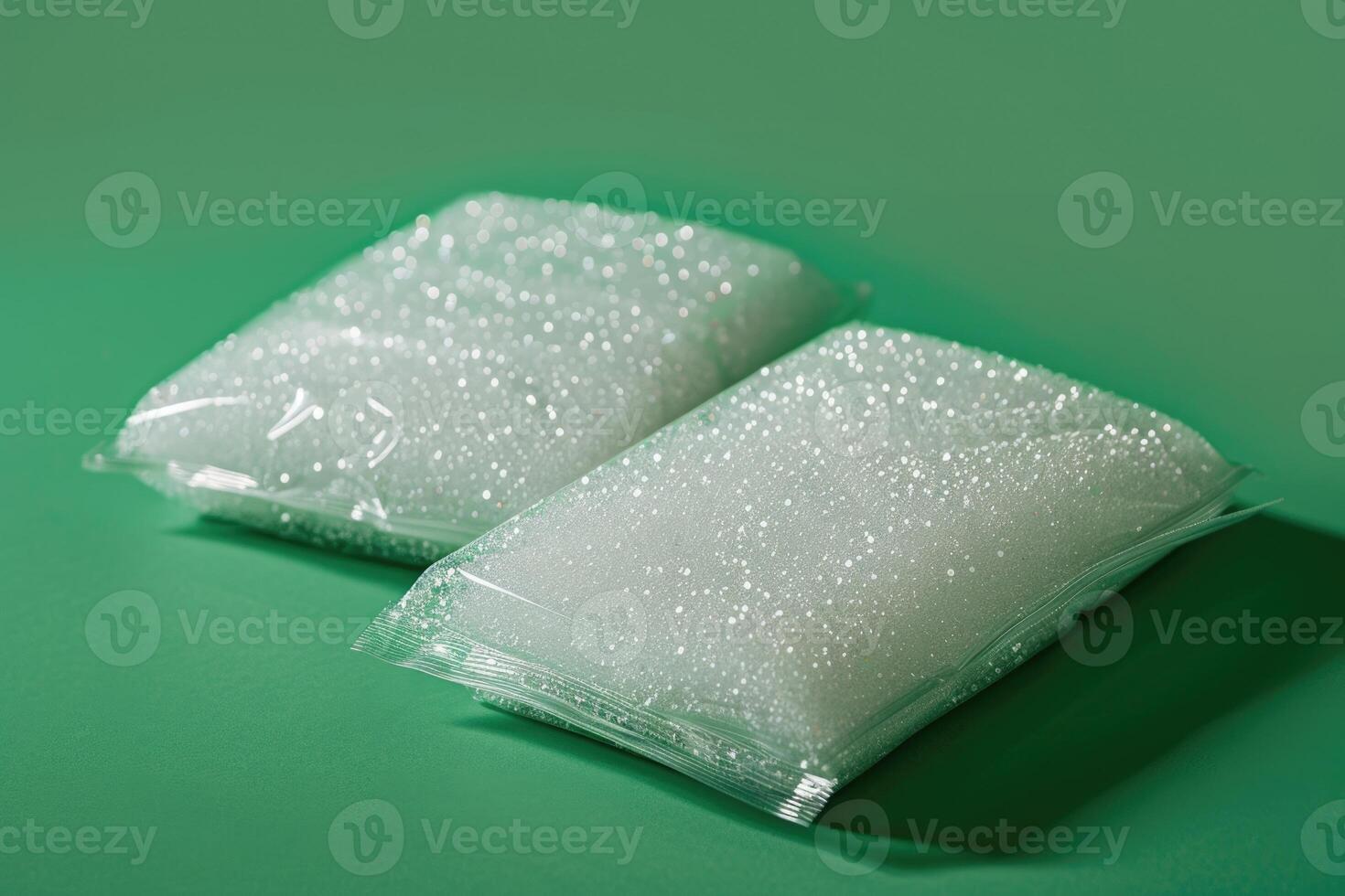 Two packs of silica gel on a green background photo