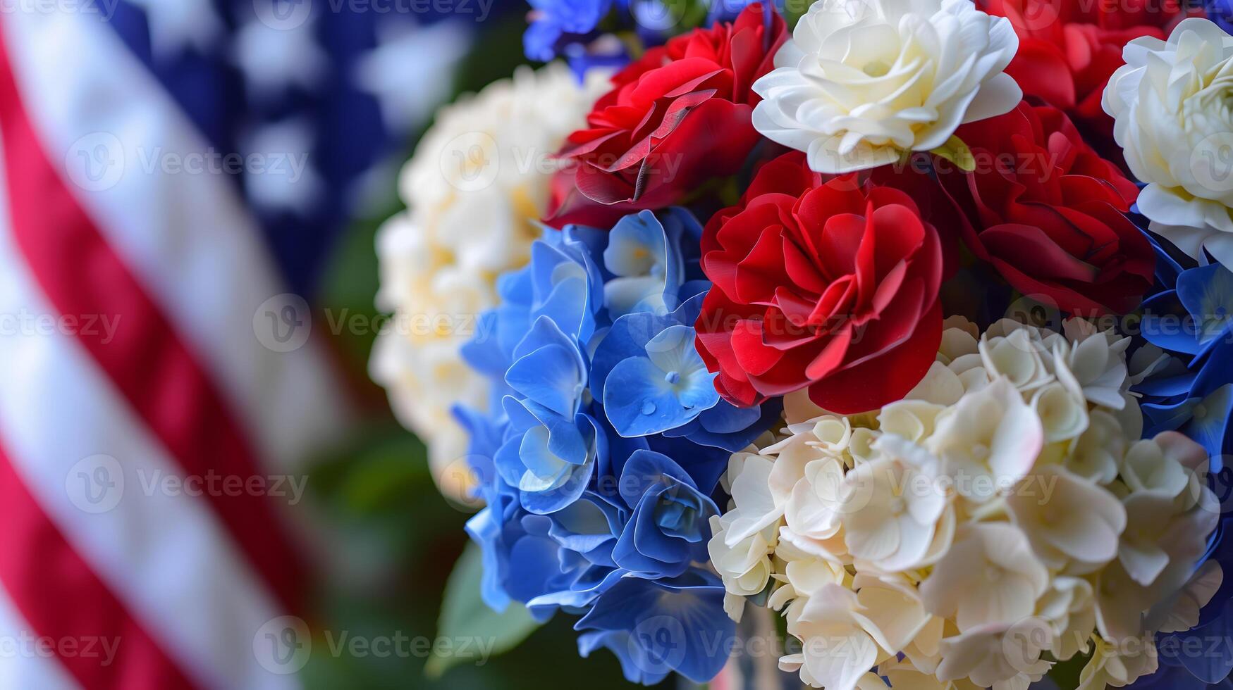 Independence Day, the Fourth of July patriotic background with American flag and Beautiful Hydrangea flower bouquet in red blue white photo