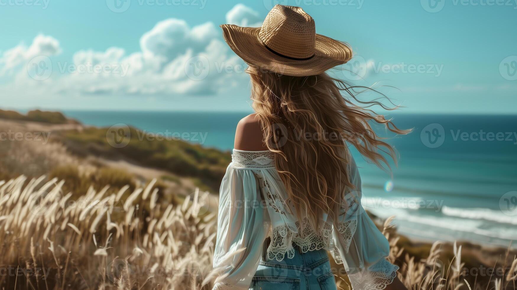 Beautiful cowgirl in boho fashion outfit, coastal background. photo