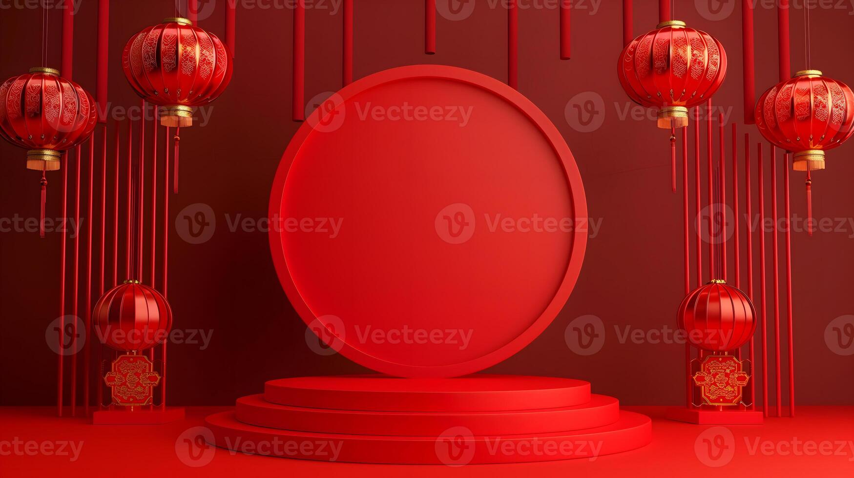 3d podium background, product display backdrop in Red with oriental paper lanterns. Chinese New Year theme. photo