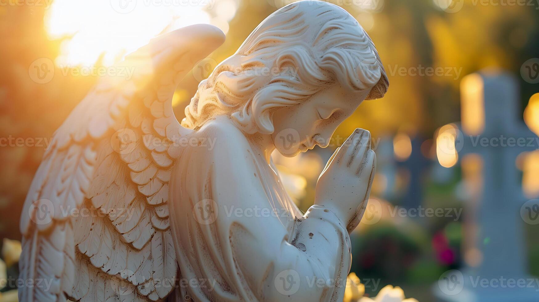 Angel statue praying on graveyard. Blurred cemetery background. In loving memory. photo