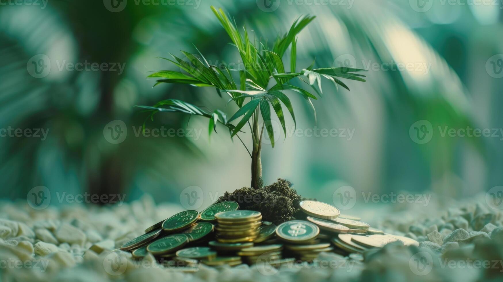 Money pile with growing tree symbolizes business success. photo