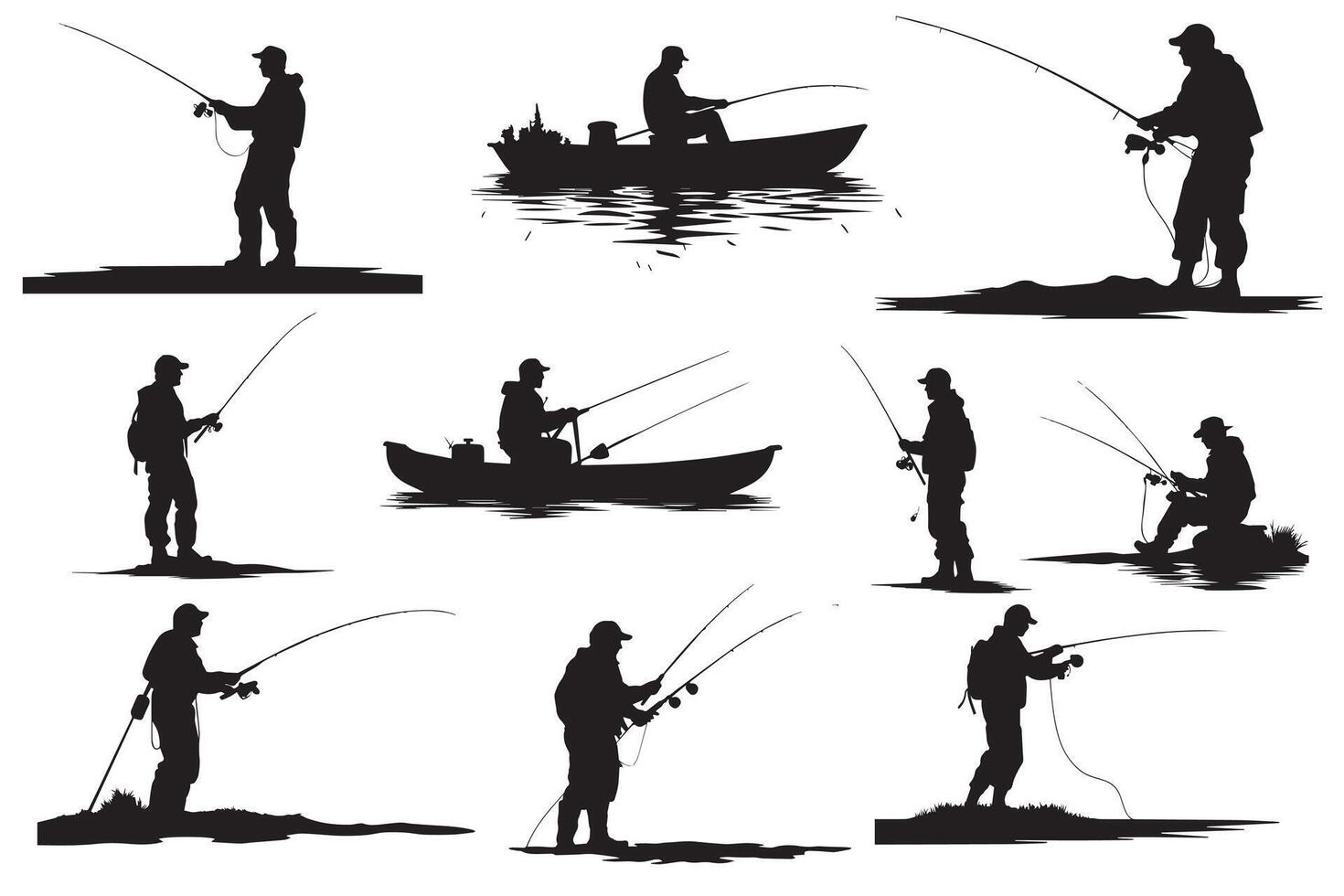 pescador en barco silueta ilustración vector