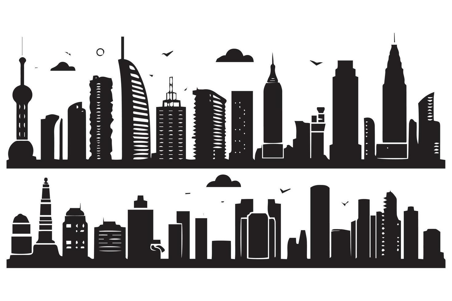 set of City silhouette in flat style. Modern urban landscape. City skyscrapers building office skyline on white background Pro vector