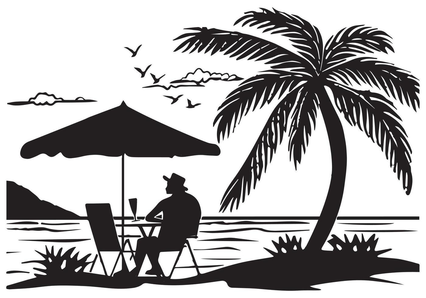 silhouette summer design palm tree Relaxing man front table and umbrella man beach free design vector