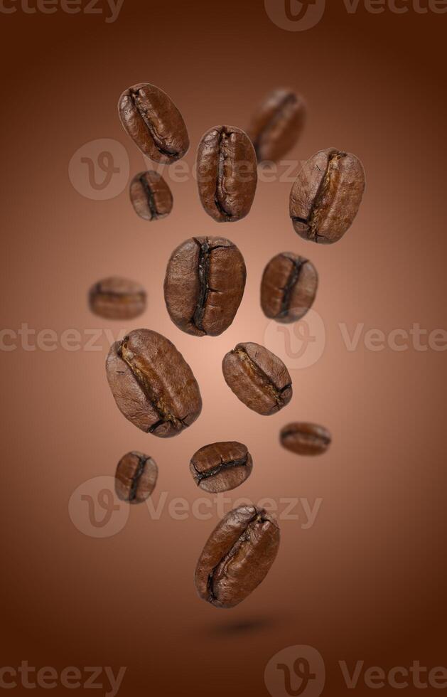 Levitating coffee beans on a brown background photo