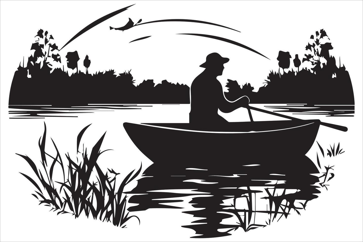 Fisherman in boat silhouette illustration vector