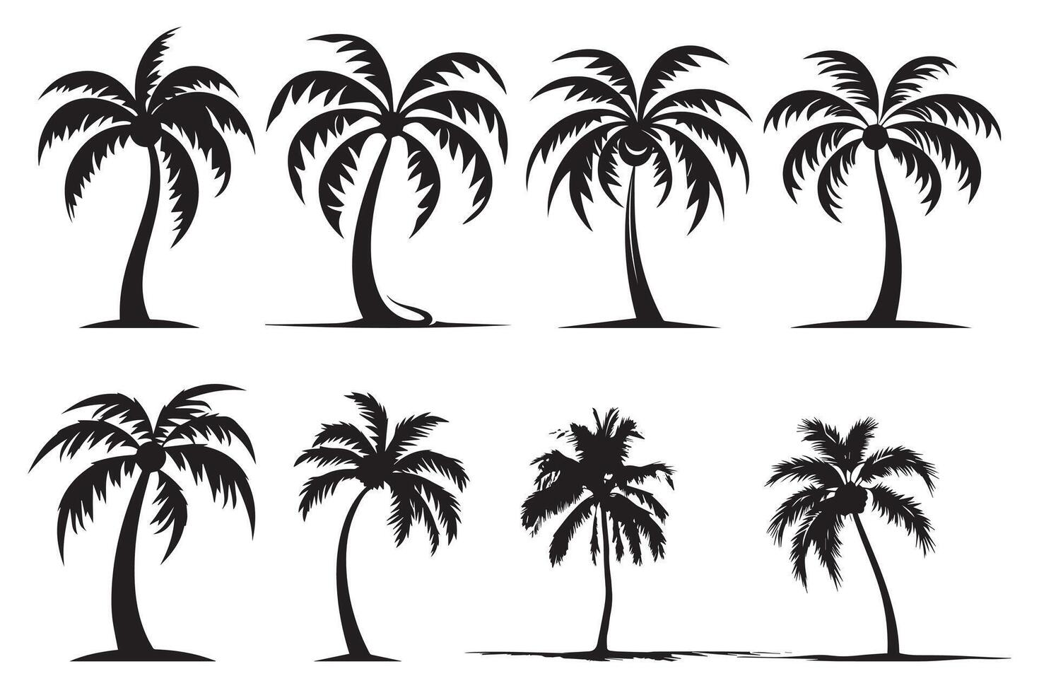 This set of detailed palm and coconut tree silhouette illustrations vector