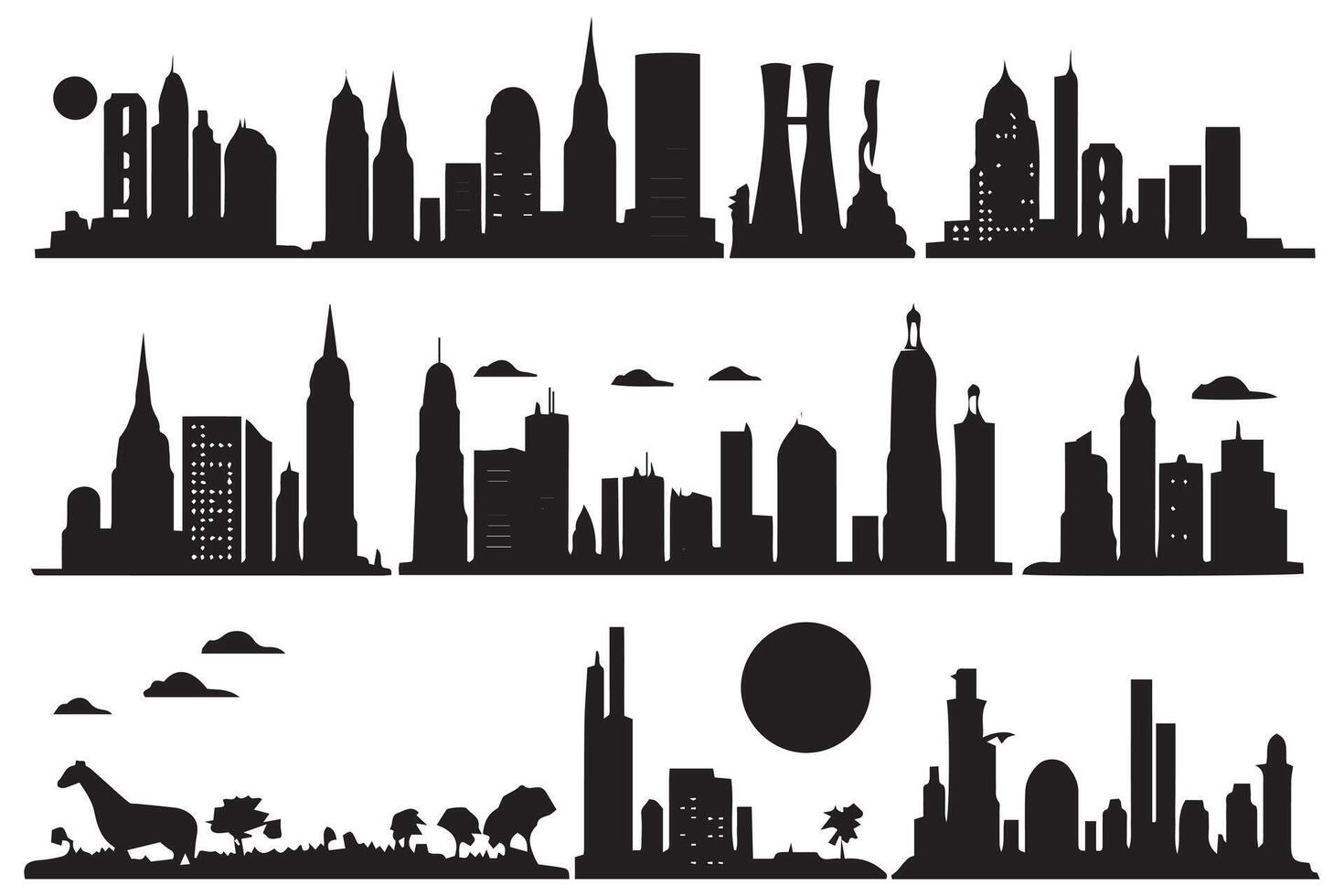 ciudad horizontes silueta, paisaje urbano colocar, negro aislado en blanco antecedentes gratis diseño vector