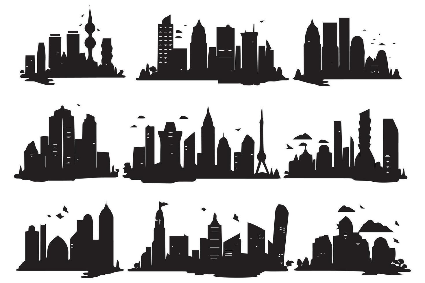 City skylines silhouette, cityscape set, black isolated on white background free design vector