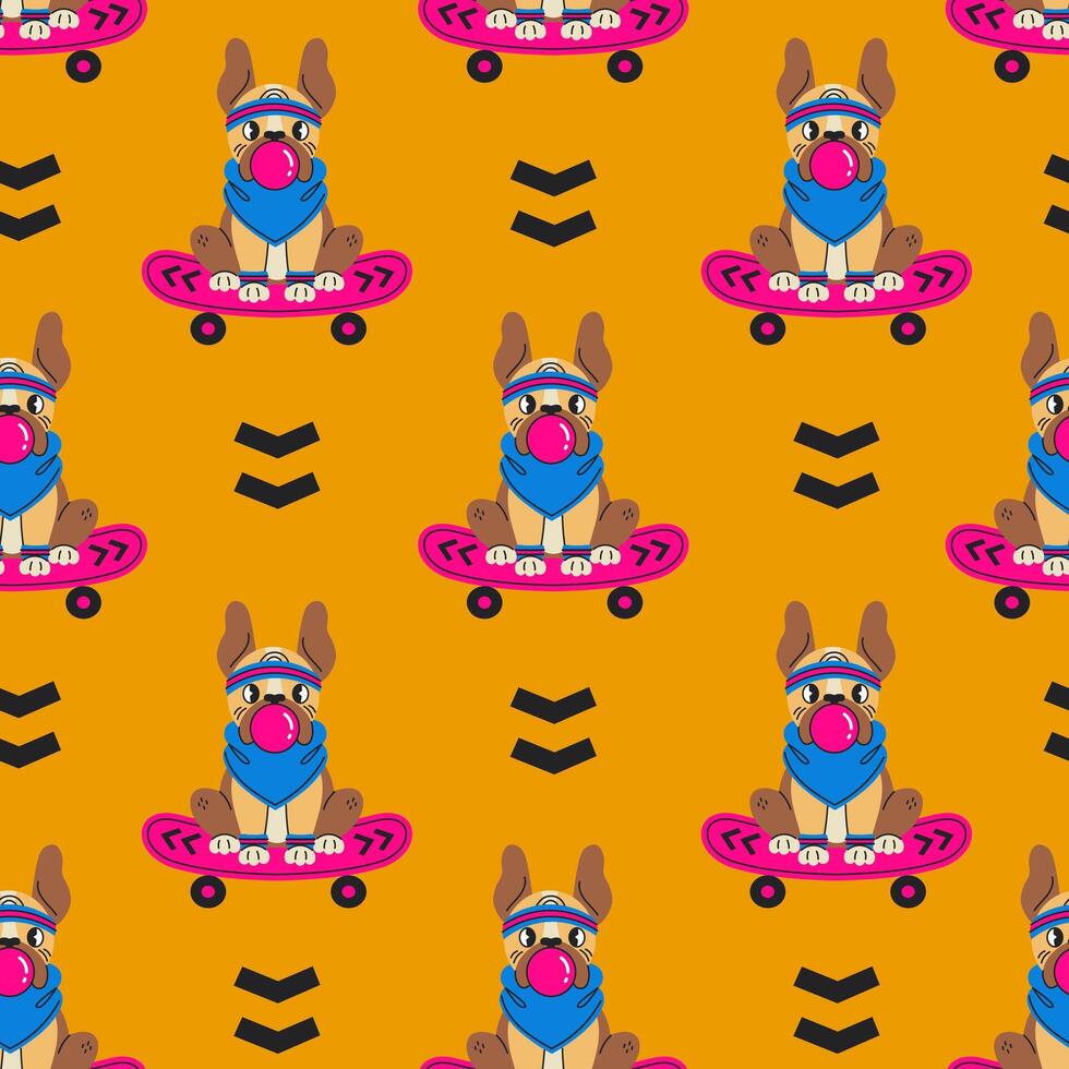 90s Dog Seamless Pattern with Skateboard Bubble Gum vector