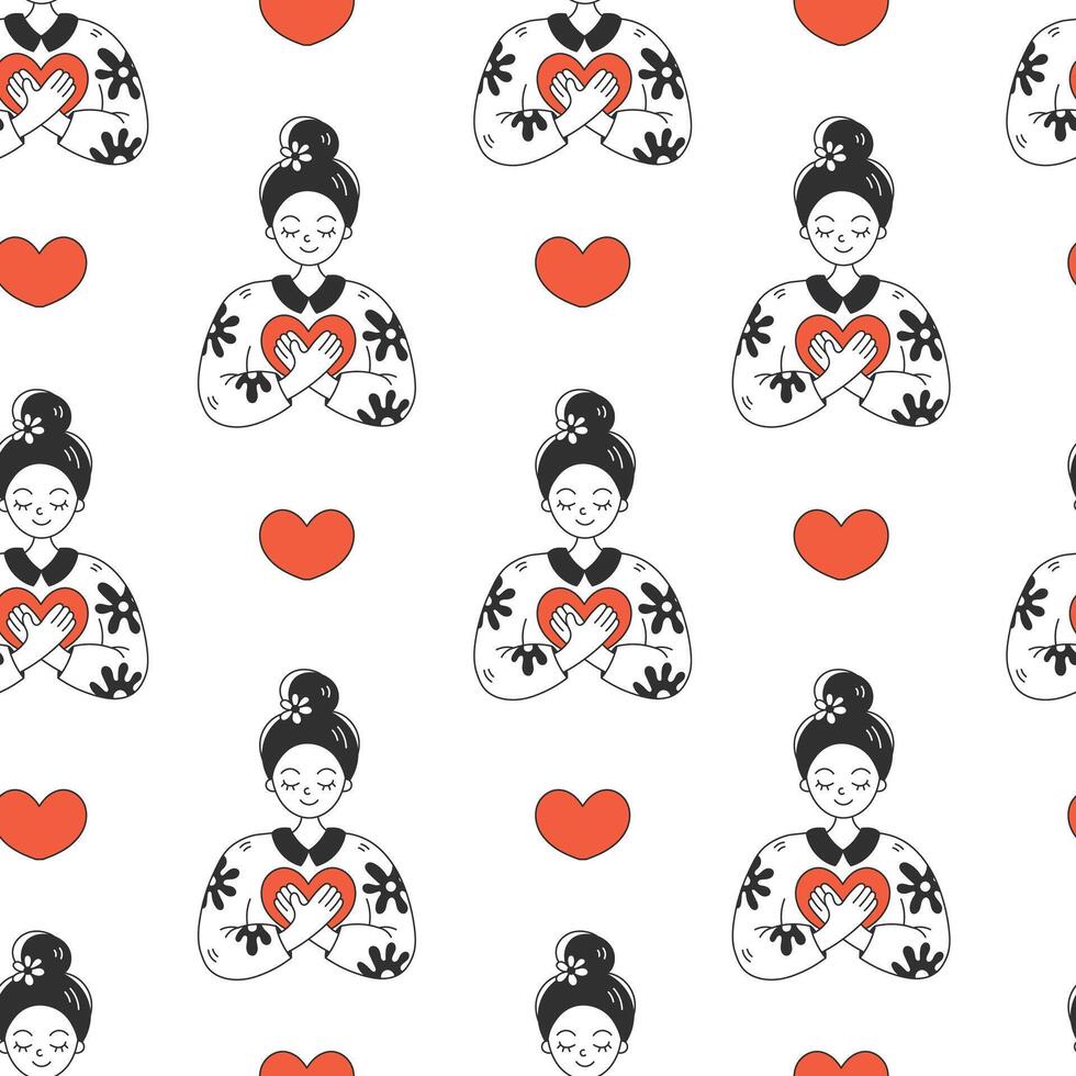 Girl holding heart seamless pattern vector