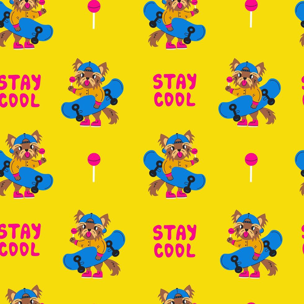 Modern doggy seamless pattern with skateboard and text vector