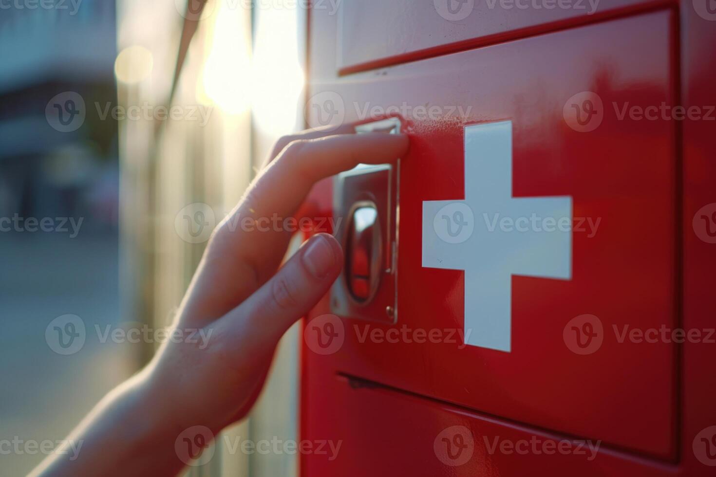 Hand press on First Aid sign Hand press on First Aid sign photo